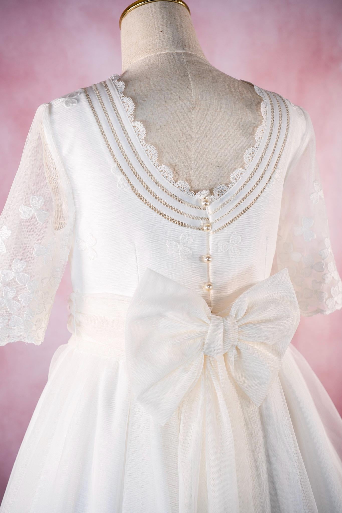 LUCIA - First Communion Dress: Natural White Chiffon Gown, Full Skirt, Made in Spain