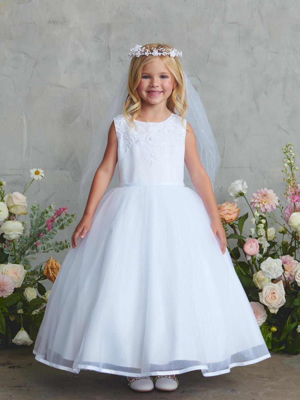 Lily Style First Communion Dress for Girls, White Mesh Flower Girl Dress