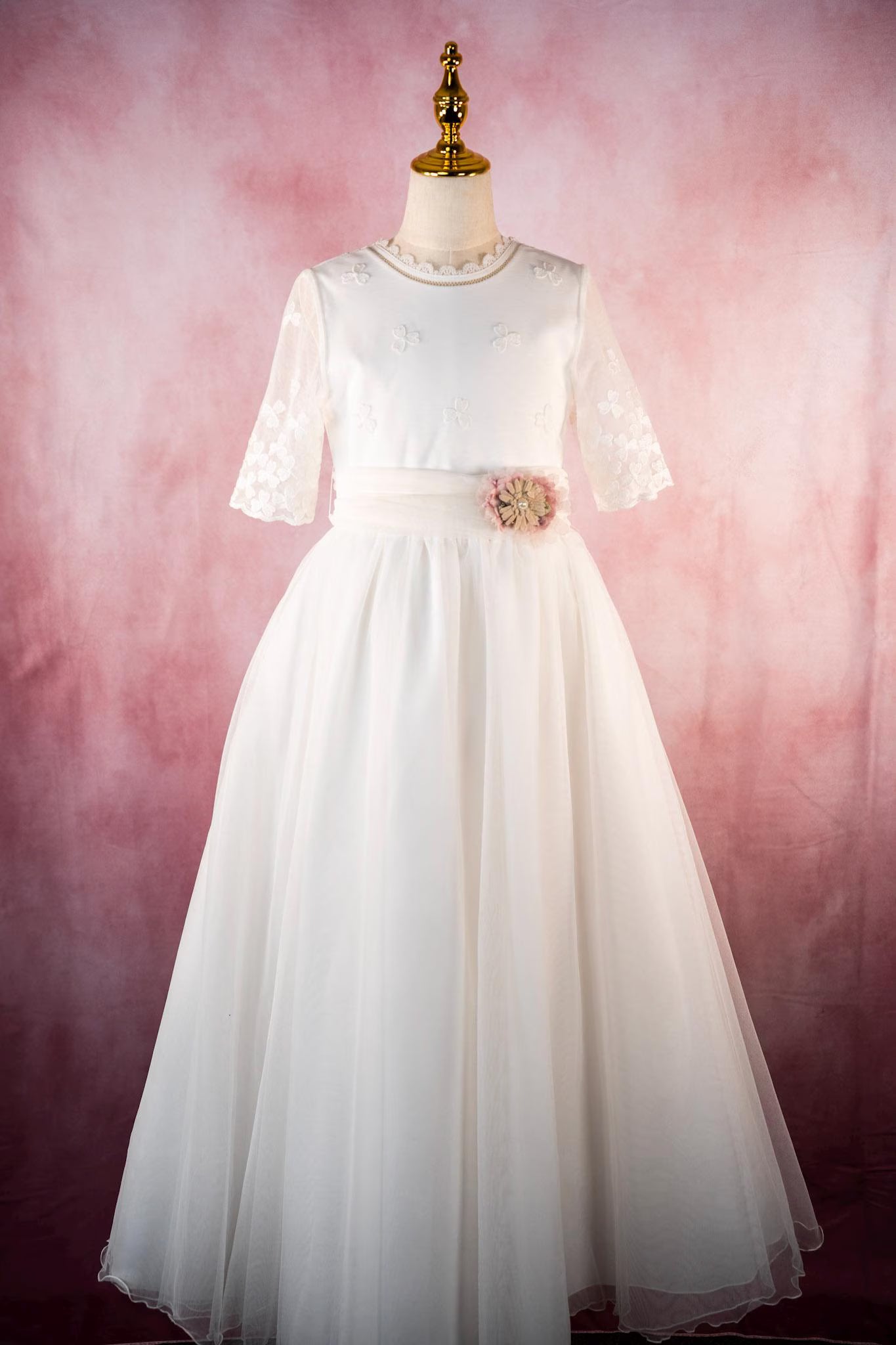 LUCIA - First Communion Dress: Natural White Chiffon Gown, Full Skirt, Made in Spain
