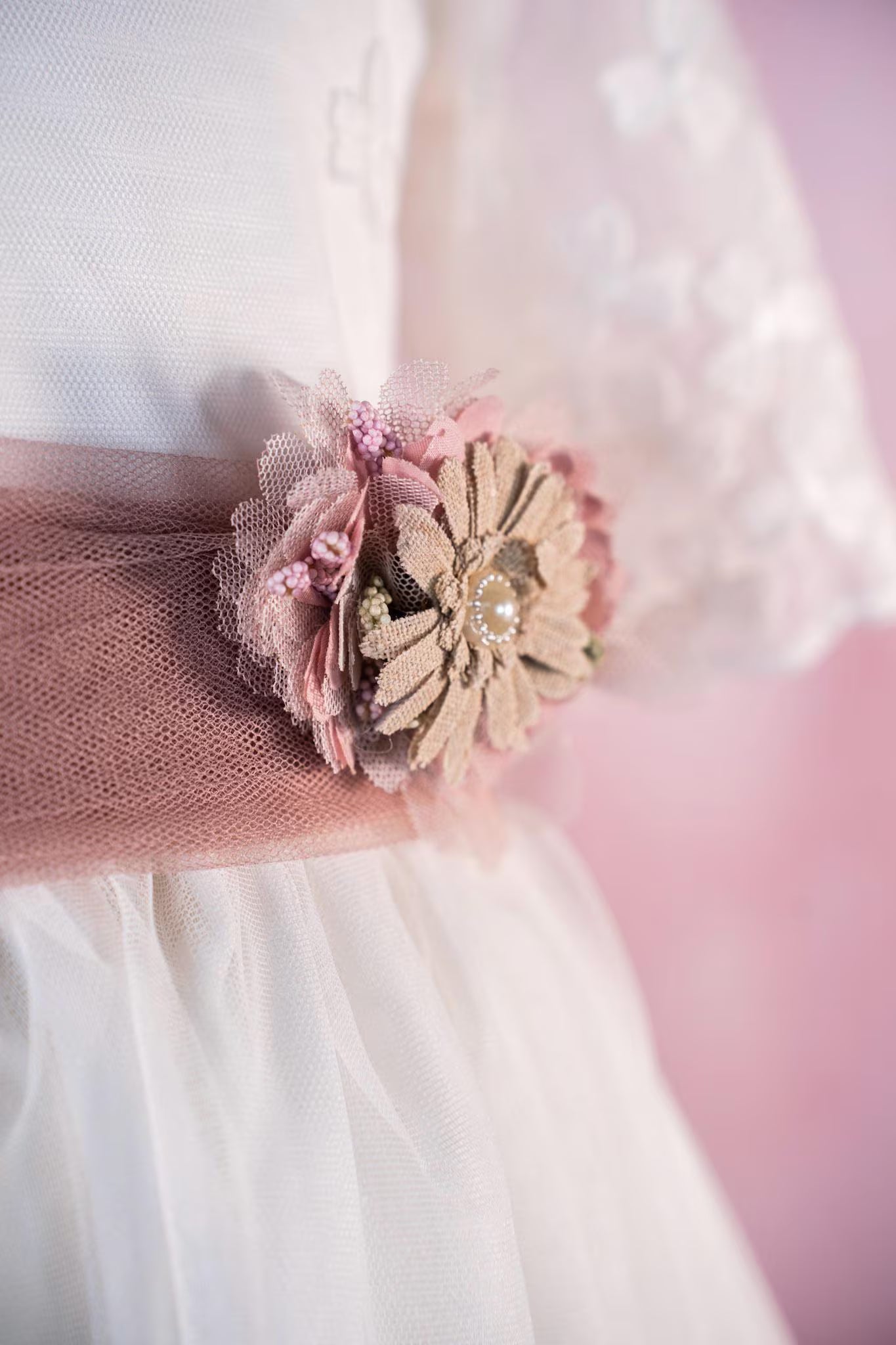 LUCIA - First Communion Dress: Natural White Chiffon Gown, Full Skirt, Made in Spain