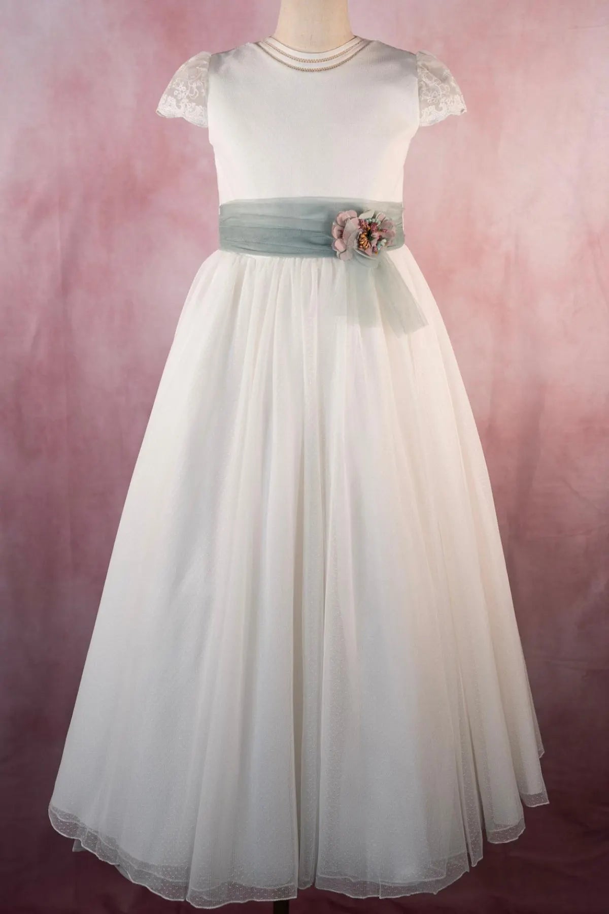 Paula - Spanish First Communion Dress: Polka Dot Tulle, Aquamarine Sash