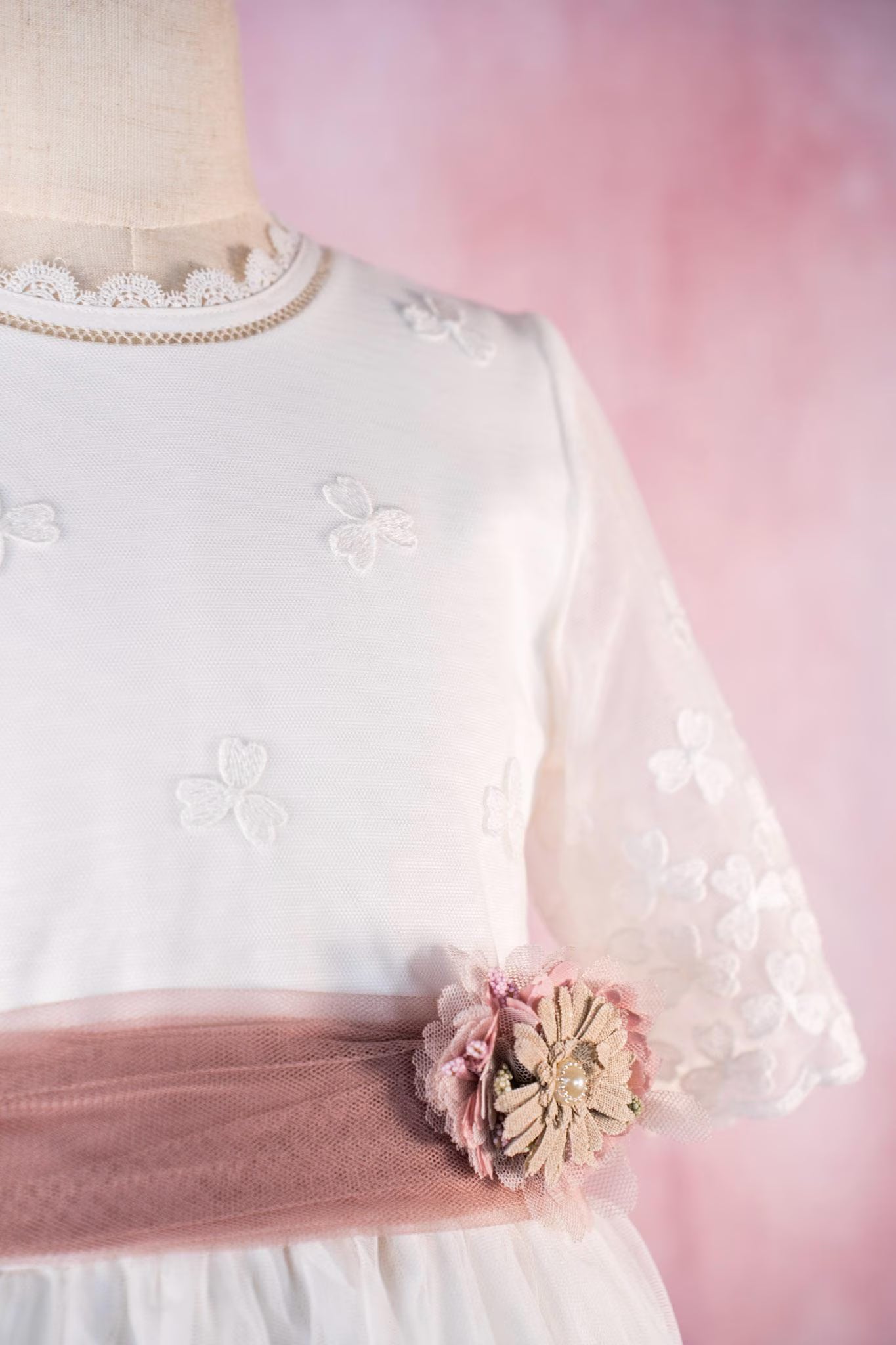 LUCIA - First Communion Dress: Natural White Chiffon Gown, Full Skirt, Made in Spain