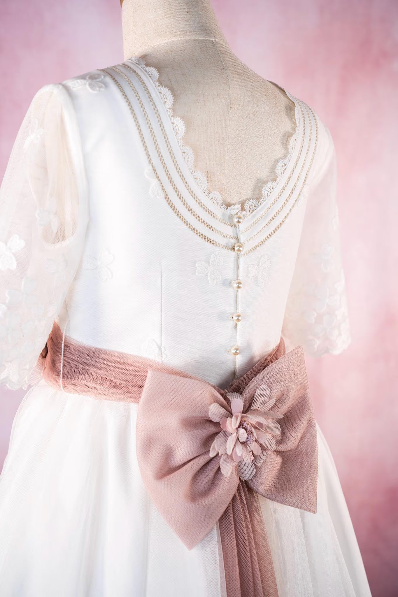 LUCIA - First Communion Dress: Natural White Chiffon Gown, Full Skirt, Made in Spain
