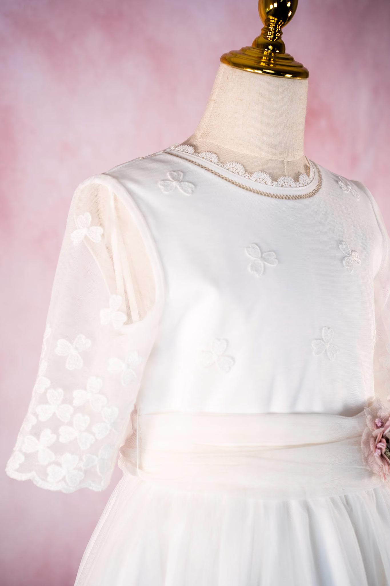 LUCIA - First Communion Dress: Natural White Chiffon Gown, Full Skirt, Made in Spain