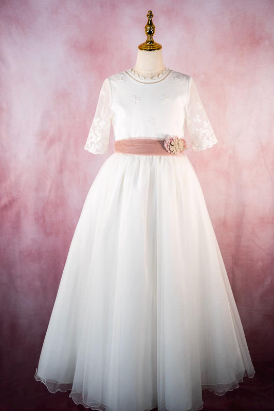 LUCIA - First Communion Dress: Natural White Chiffon Gown, Full Skirt, Made in Spain