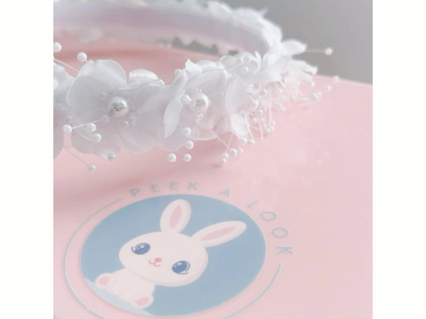 White Satin Floral Hair Wreath with Pearls, First Communion & Flower Girl