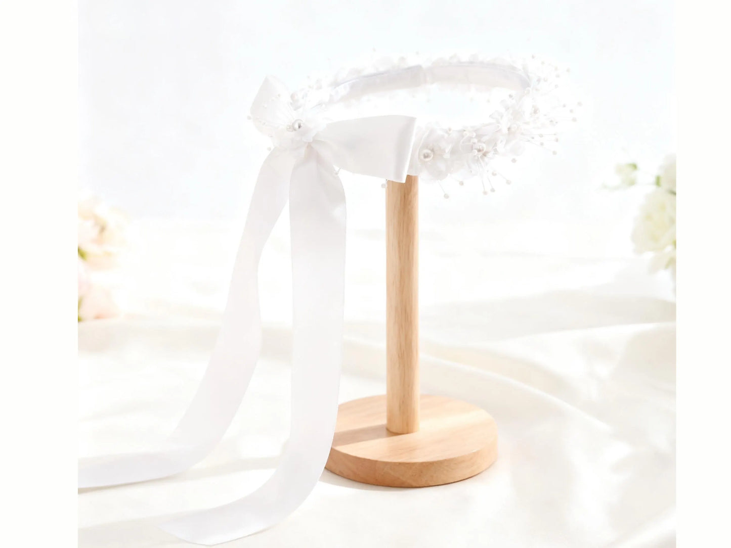 White Satin Floral Hair Wreath with Pearls, First Communion & Flower Girl