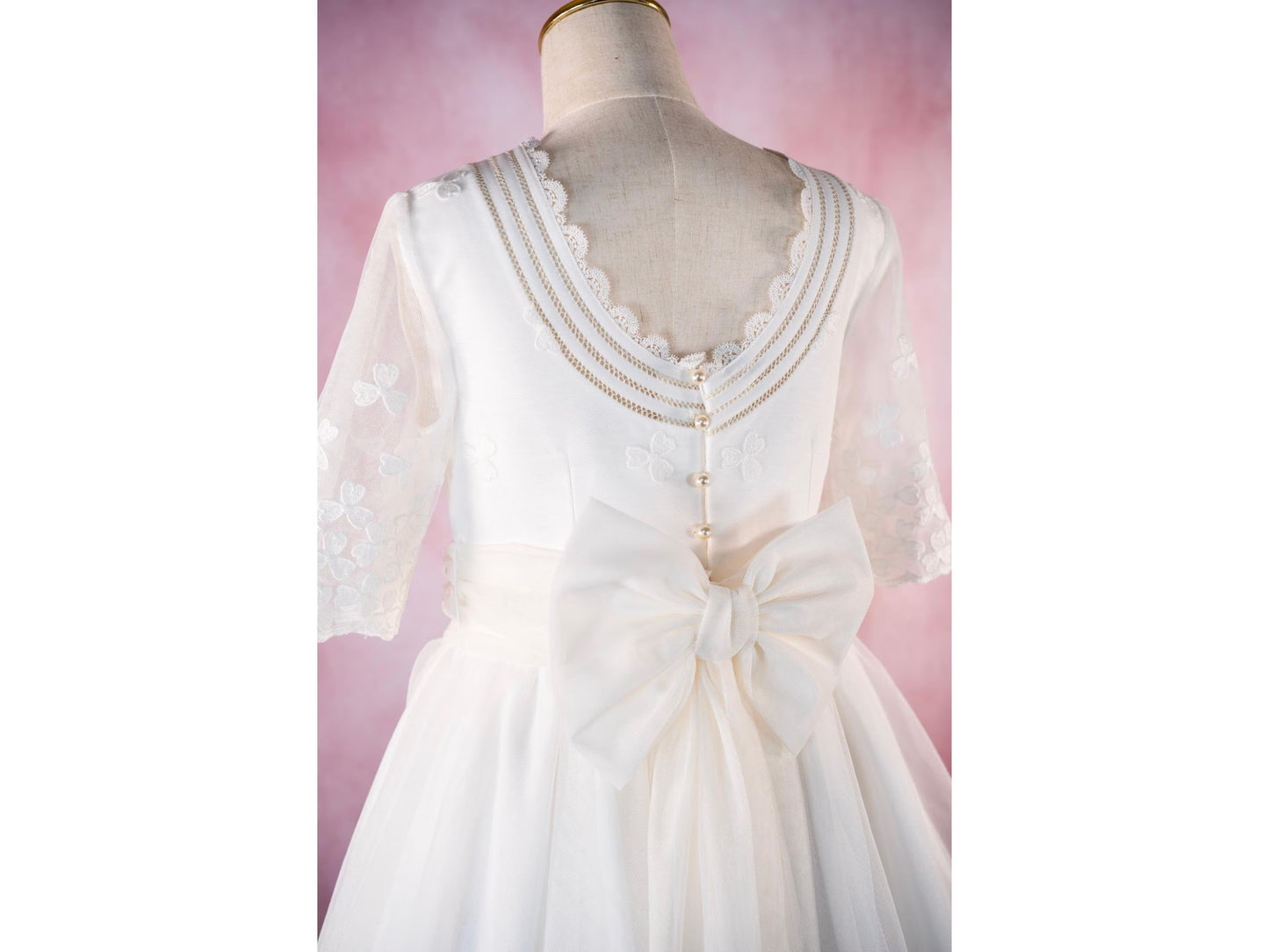 LUCIA - First Communion Dress: Natural White Chiffon Gown, Full Skirt, Made in Spain