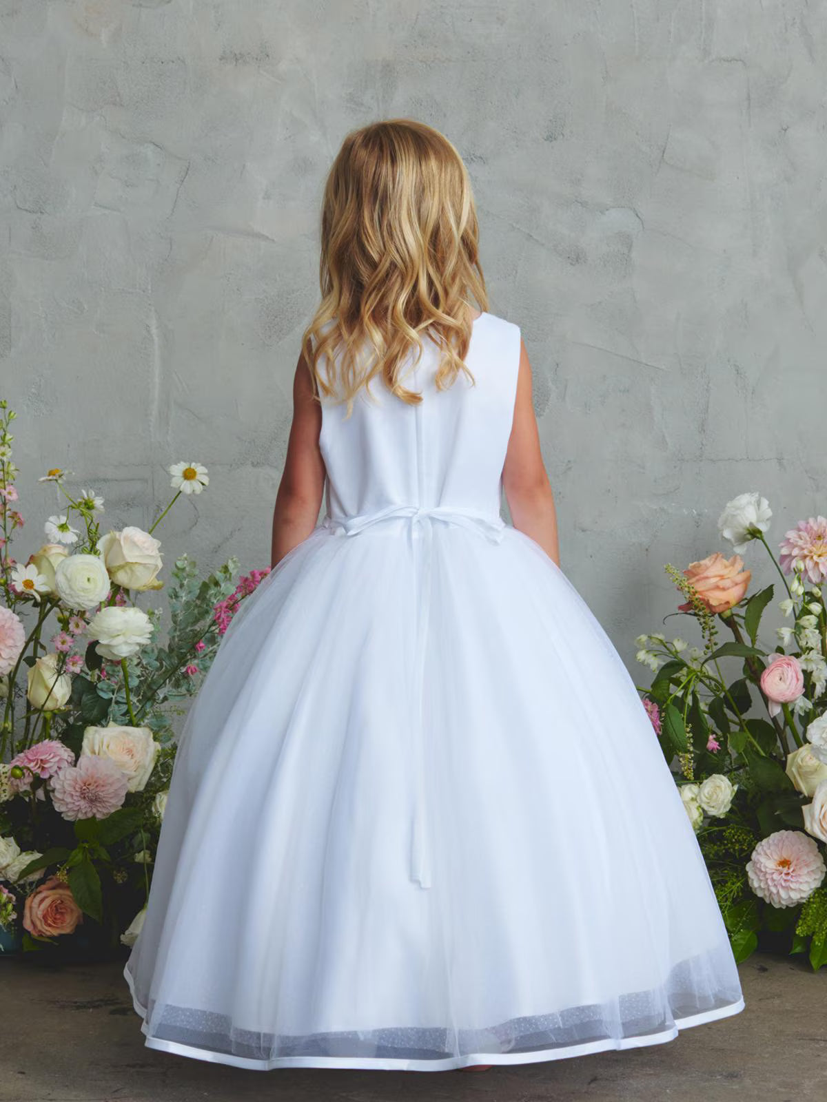 Lily Style First Communion Dress for Girls, White Mesh Flower Girl Dress