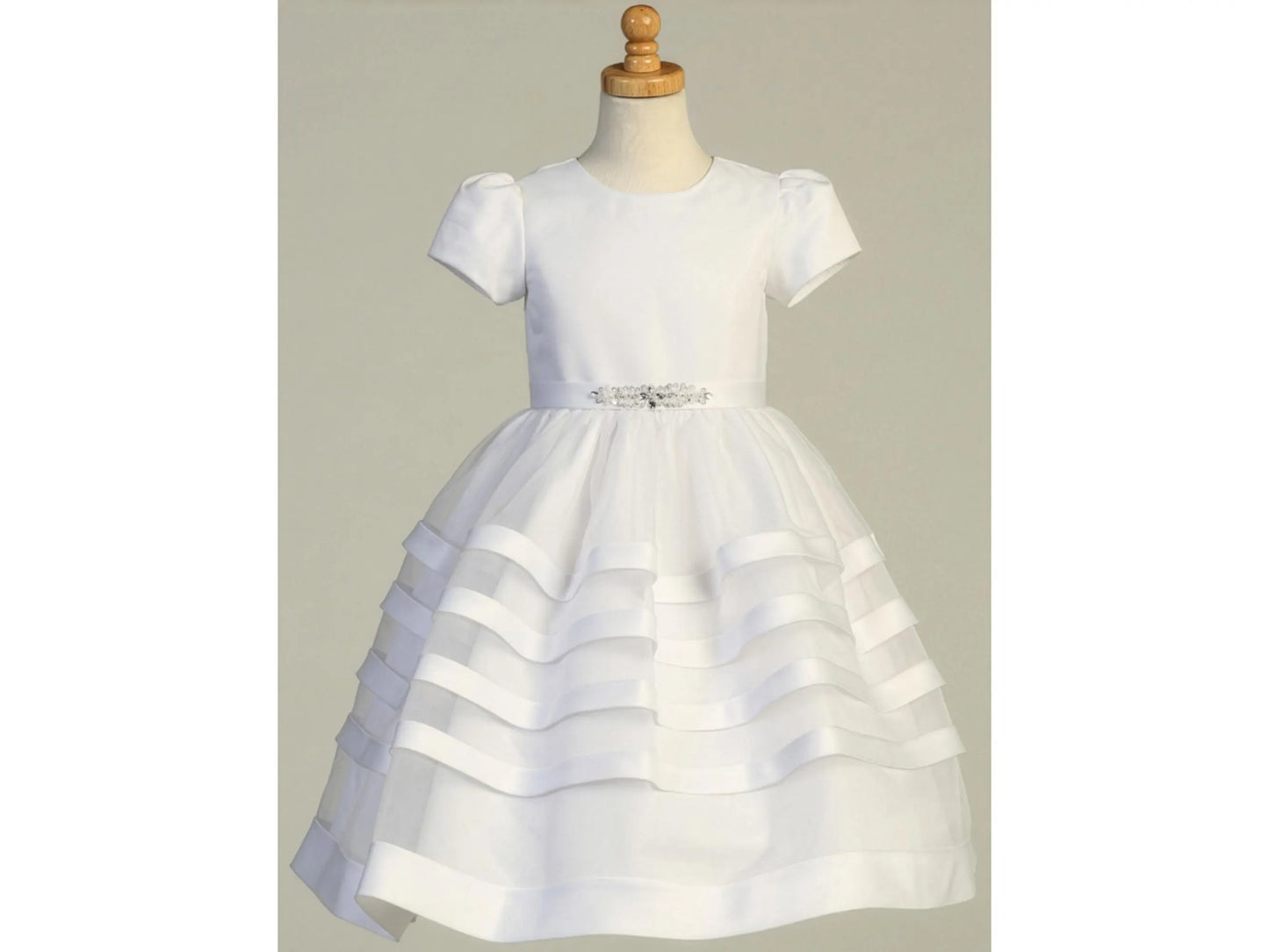 Renata White Satin & Organza Dress – First Communion, Flower Girl, Baptism | Tea-Length Elegant Occasion Dress
