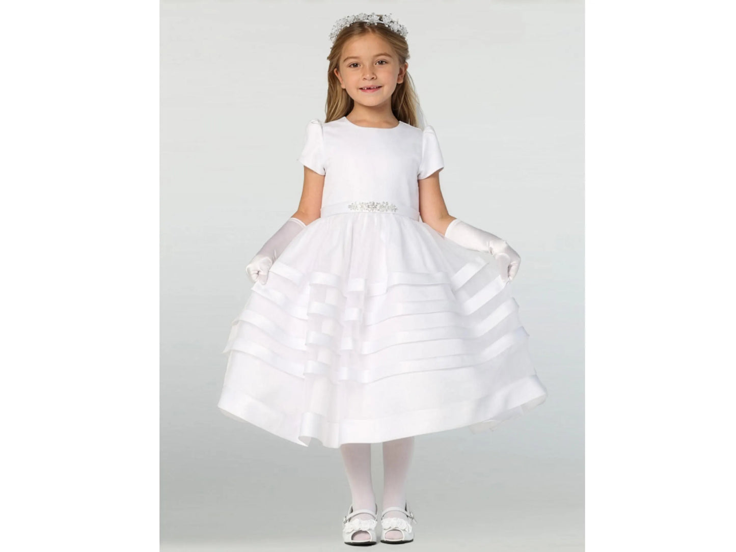 Renata White Satin & Organza Dress – First Communion, Flower Girl, Baptism | Tea-Length Elegant Occasion Dress