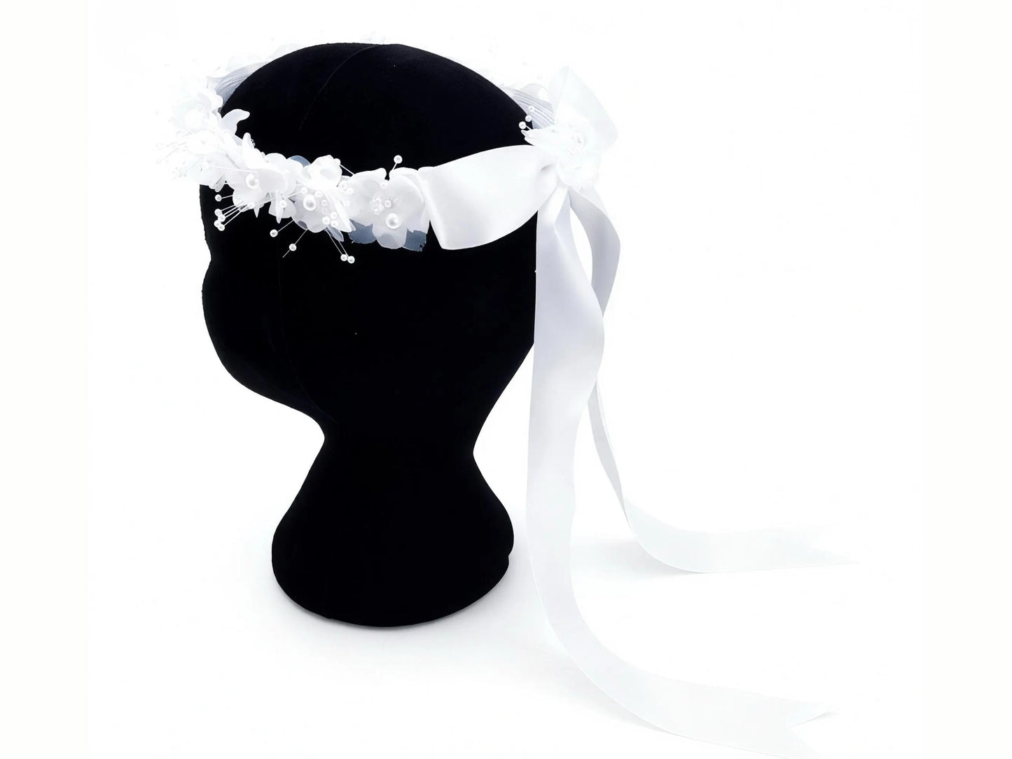White Satin Floral Hair Wreath with Pearls, First Communion & Flower Girl