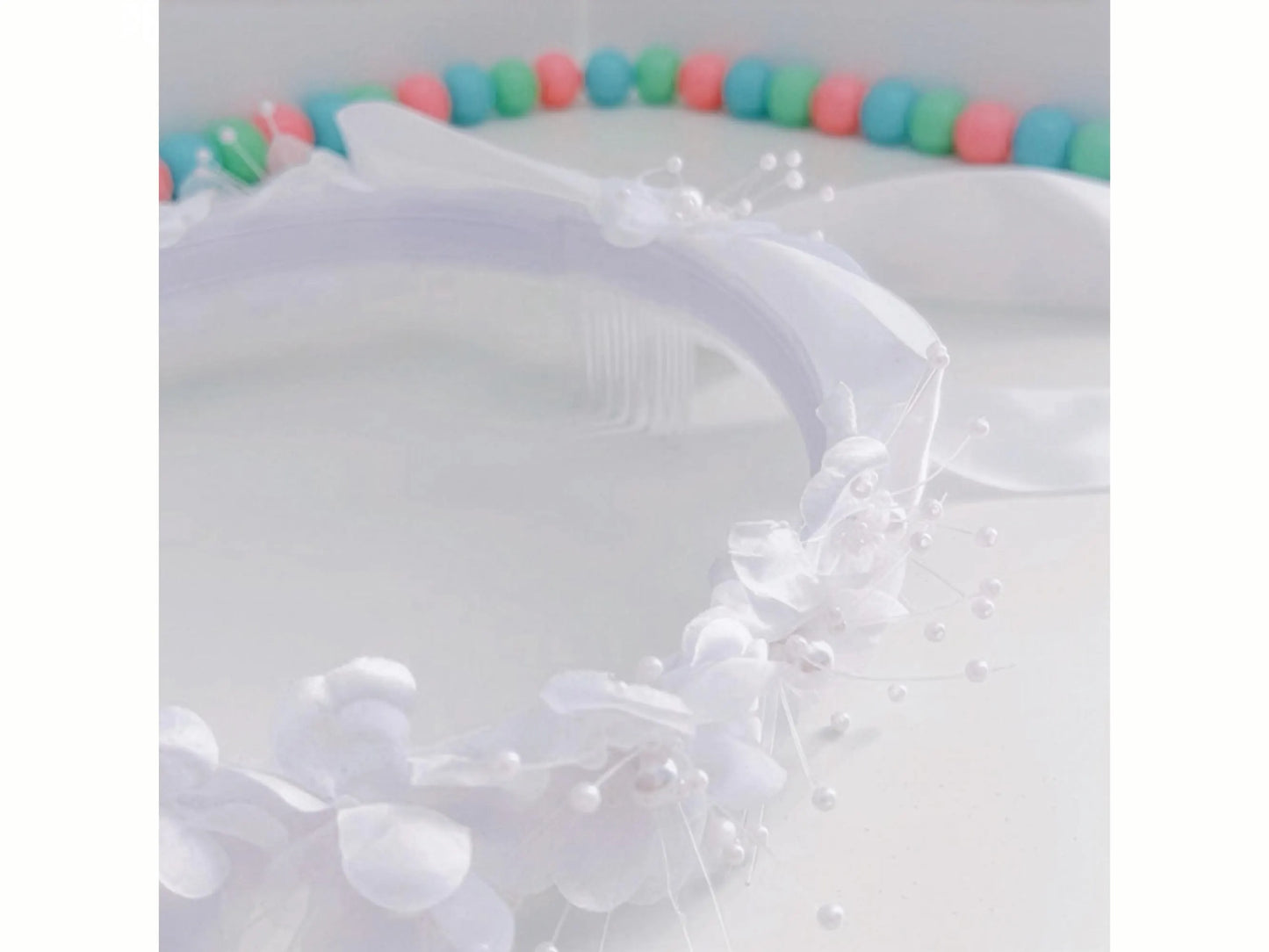 White Satin Floral Hair Wreath with Pearls, First Communion & Flower Girl