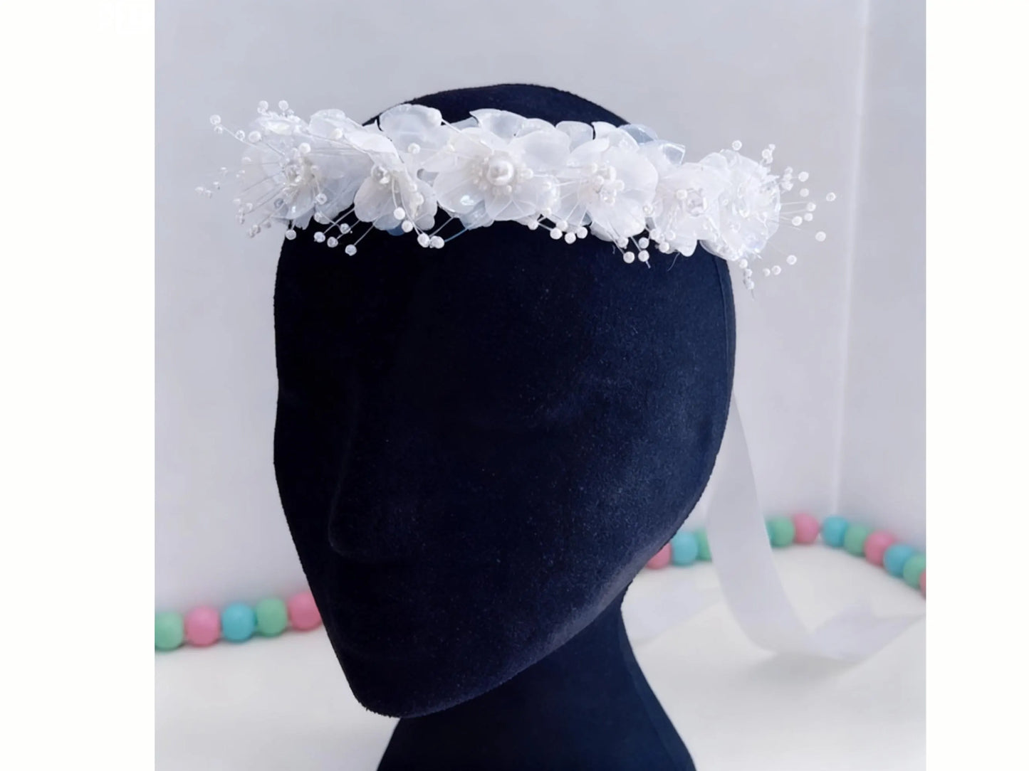 White Satin Floral Hair Wreath with Pearls, First Communion & Flower Girl